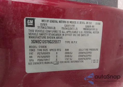 2008 Chevrolet Avalanche 1500 Lt из США, поврежденный, VIN 3GNEC12078G225577